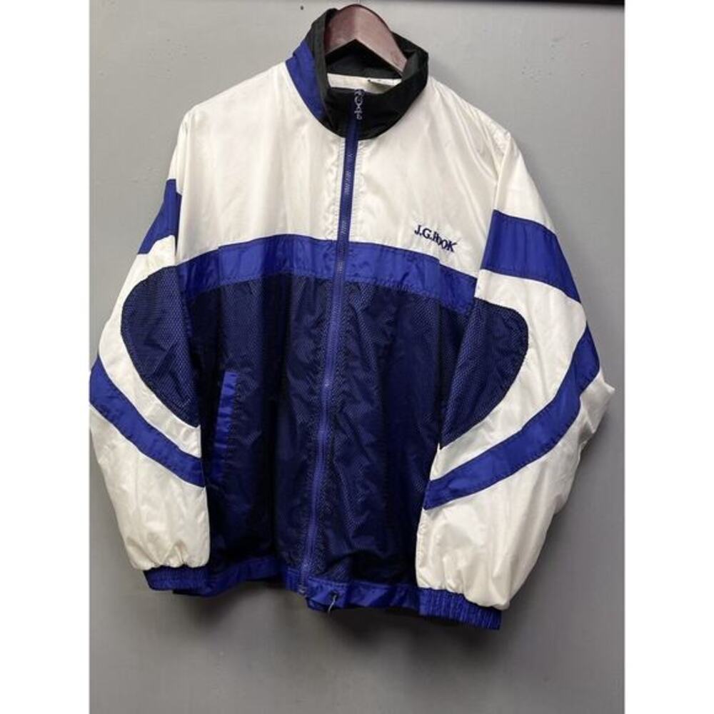 Vintage J.G. Hook Windbreaker Mens Medium Blue Black White Nylon Zip‎ 90's